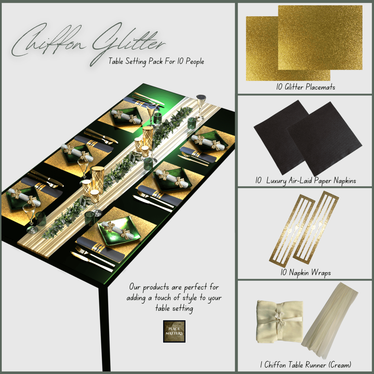 Gold Table Setting Pack for 10 — Chiffon Glitter Rectangle + Runner - Place MattersTable Setting Packs with Table Runner