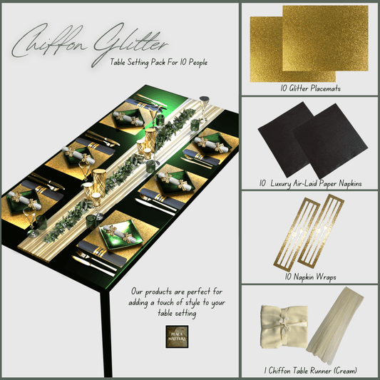 Gold Table Setting Pack for 10 — Chiffon Glitter Rectangle + Runner - Place MattersTable Setting Packs with Table Runner