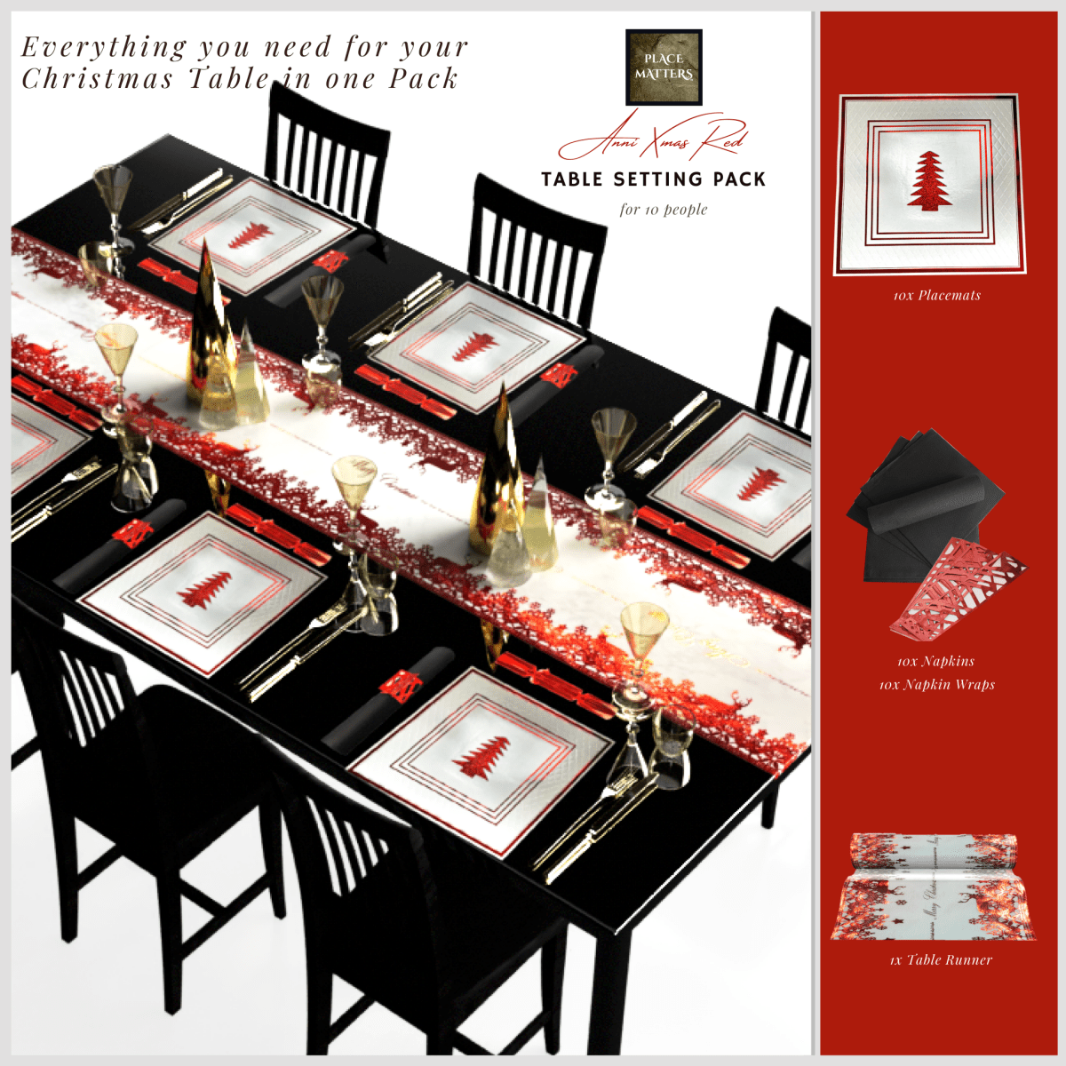 Red Christmas Table Setting Pack for 10 — Anni Xmas + Runner - Place Matters
