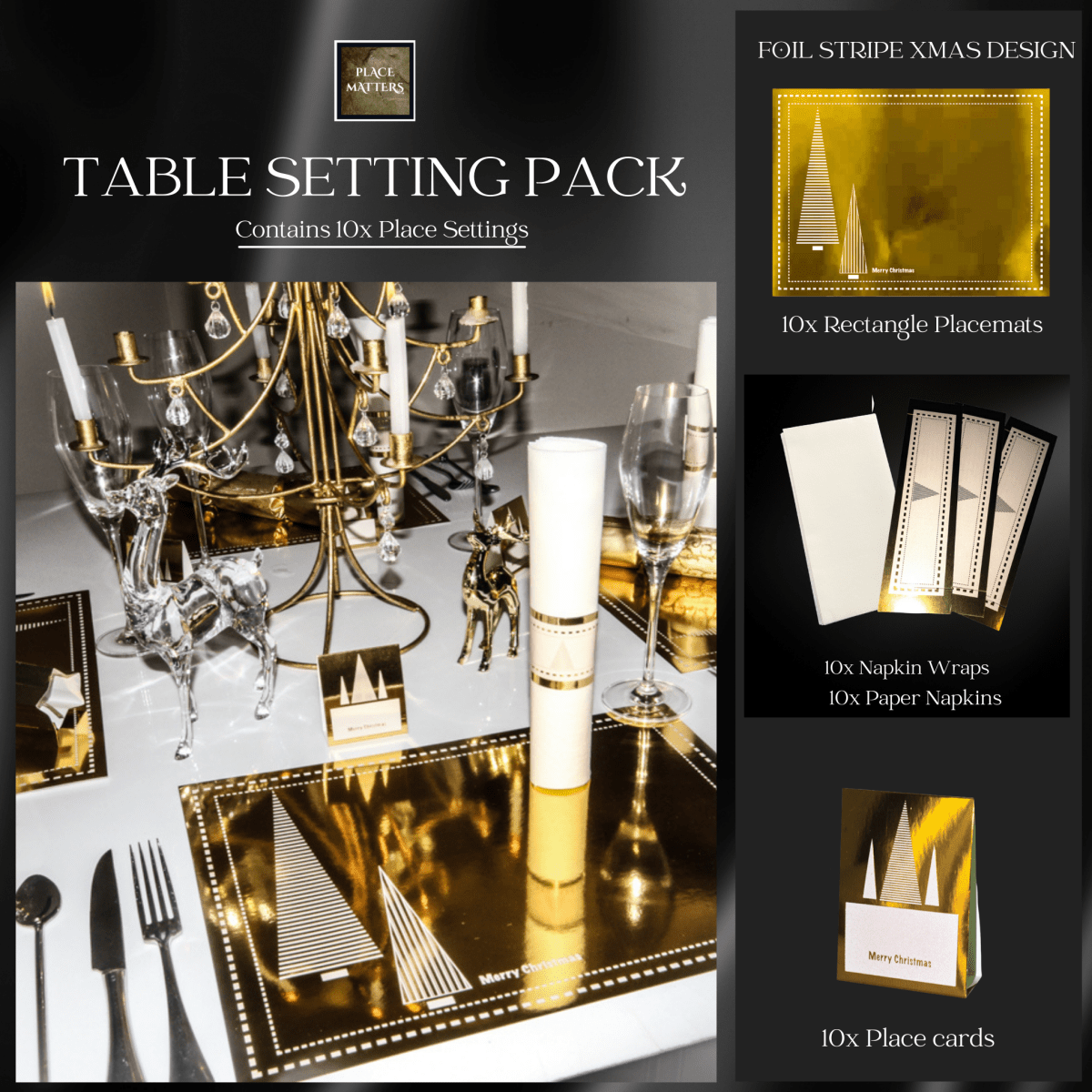 Red Table Setting Pack for 10 — Xmas Stripe Foil Red - Place MattersChristmas Table Setting Pack