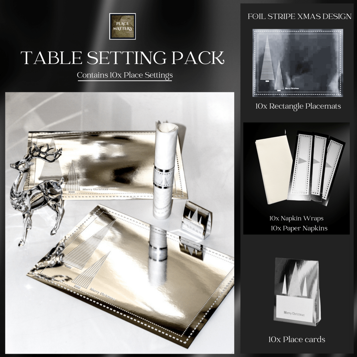 Table Setting Pack for 10 — Stripe Foil Xmas Tree - Place Matters