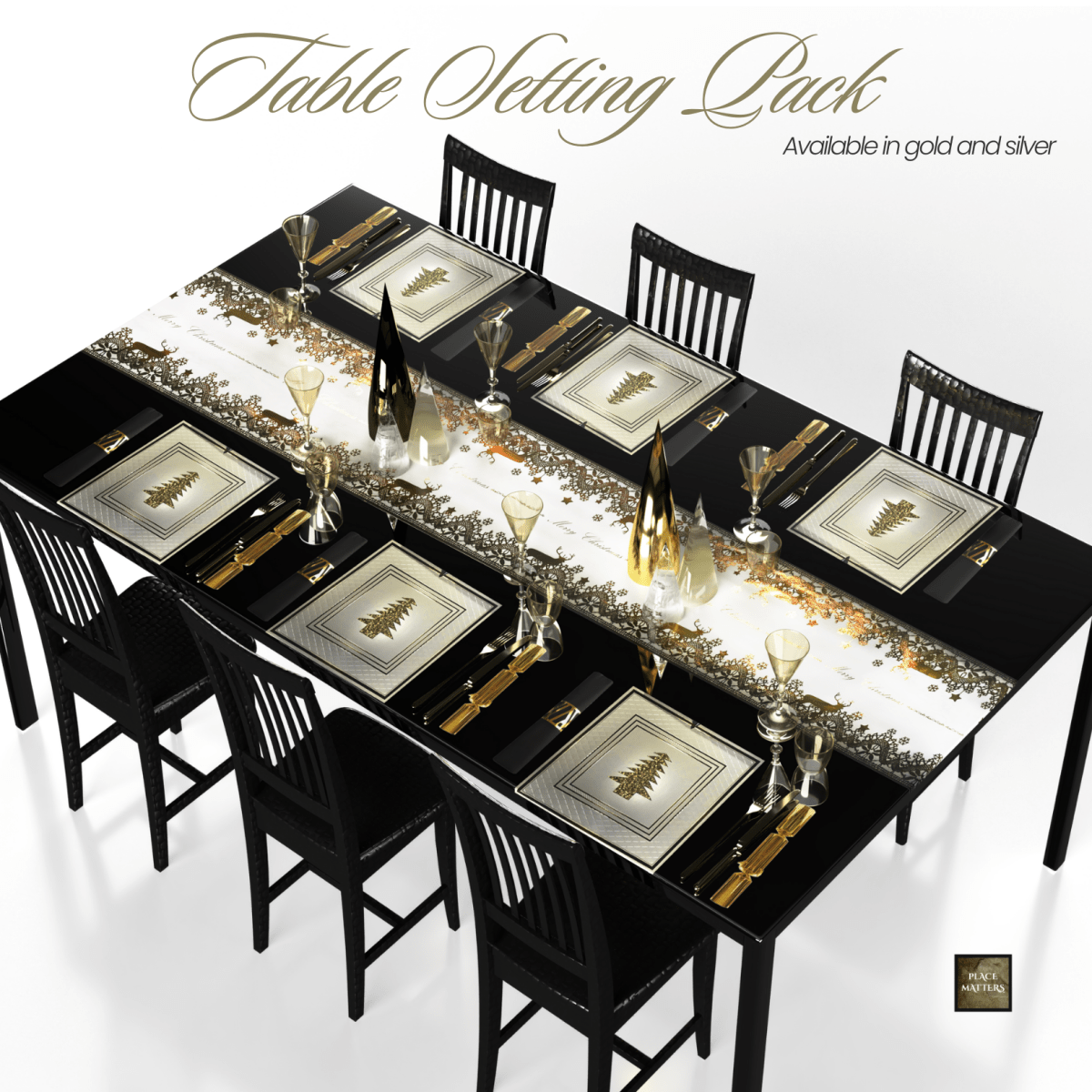 Gold Christmas Table Setting for 10 - Reindeer Runner - Place MattersChristmas Table Setting Pack