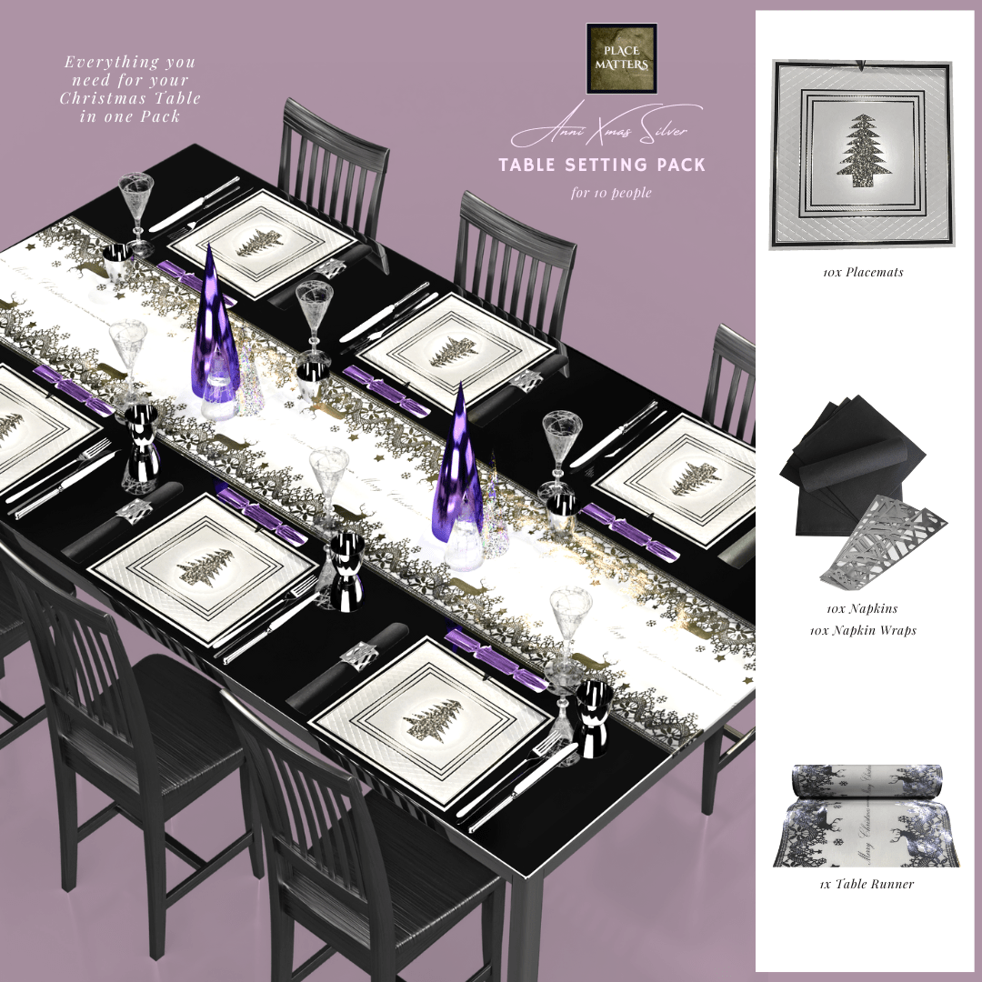 Silver Christmas Table Setting Pack for 10 - Anni Xmas + Runner - Place MattersChristmas Table Setting Pack