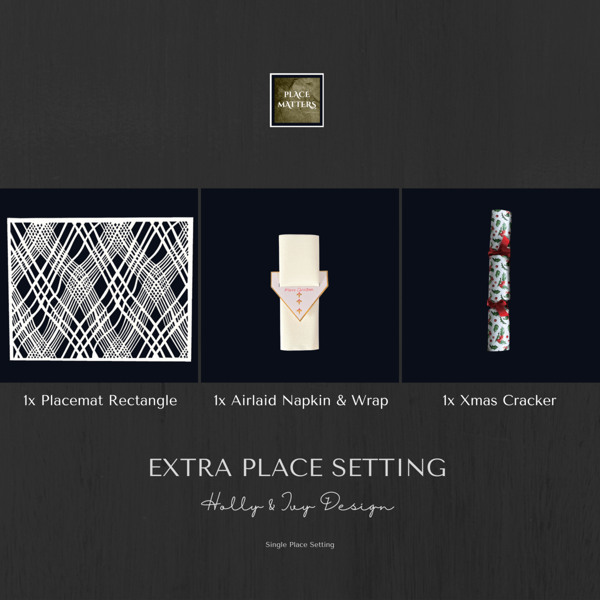 White Single Place Setting (Holly & Ivy Christmas Design) - Place MattersExtra - Single - Place - Setting - Christmas