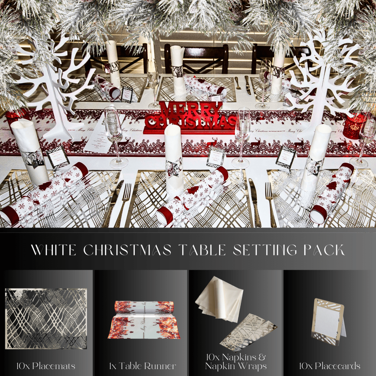 Silver Table Setting Pack — Includes Reindeer Christmas Runner - Place MattersChristmas Table Setting Pack