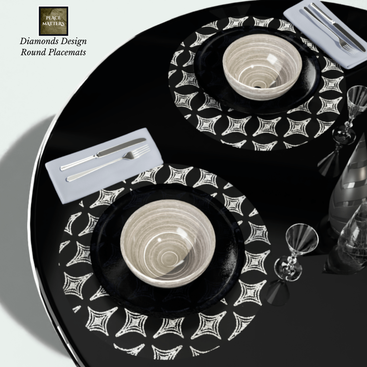 Diamonds Design Round Placemats – Black | Place Matters (Pack of 20) - Place Matters