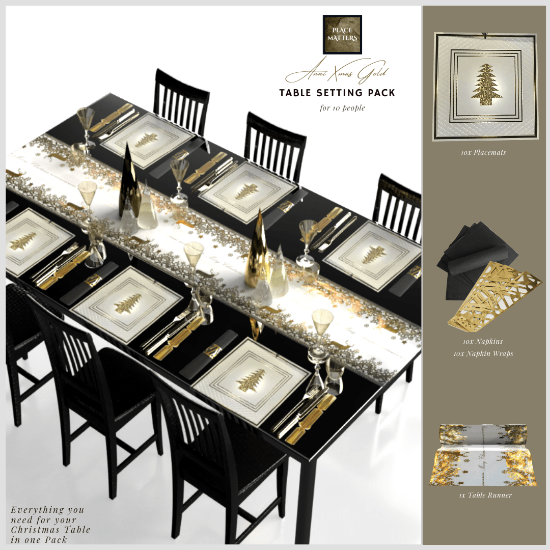 Gold Christmas Table Setting for 10 - Reindeer Runner - Place MattersChristmas Table Setting Pack