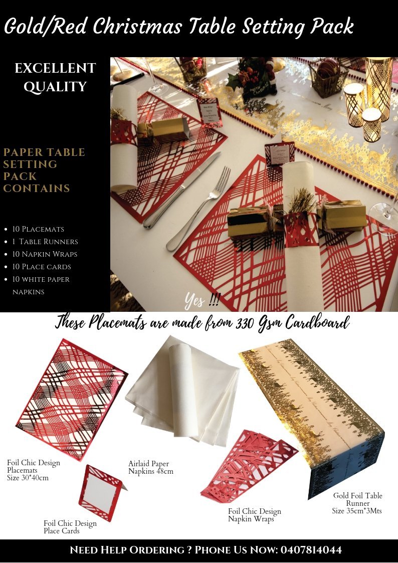 Red & Gold Christmas Table Setting Pack for 10 — Reindeer Runner - Place MattersChristmas Table Setting Pack