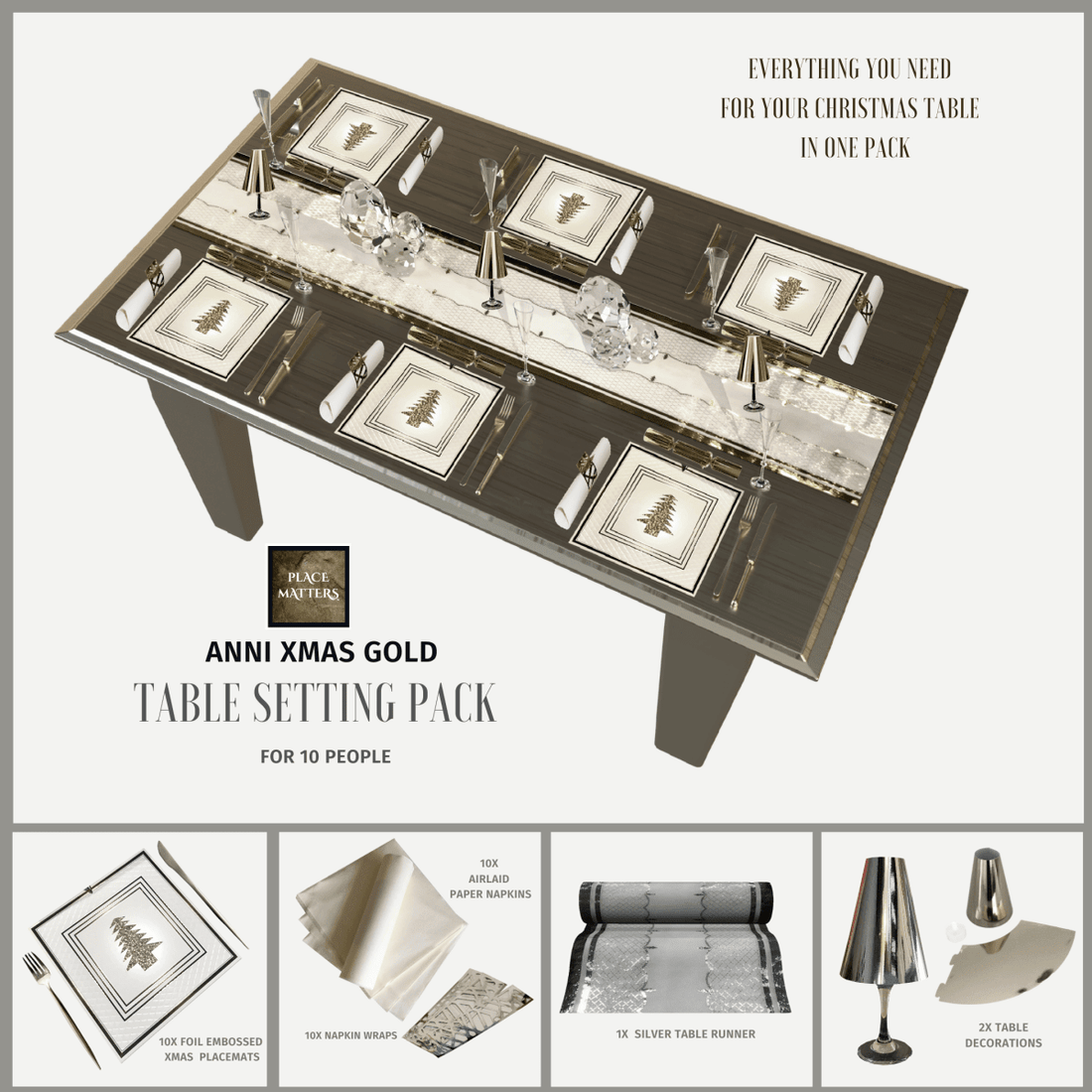 Affordable Luxury Table Decor Featuring Silver Christmas Setting Pack Placemats and Table Runners - Place Matters