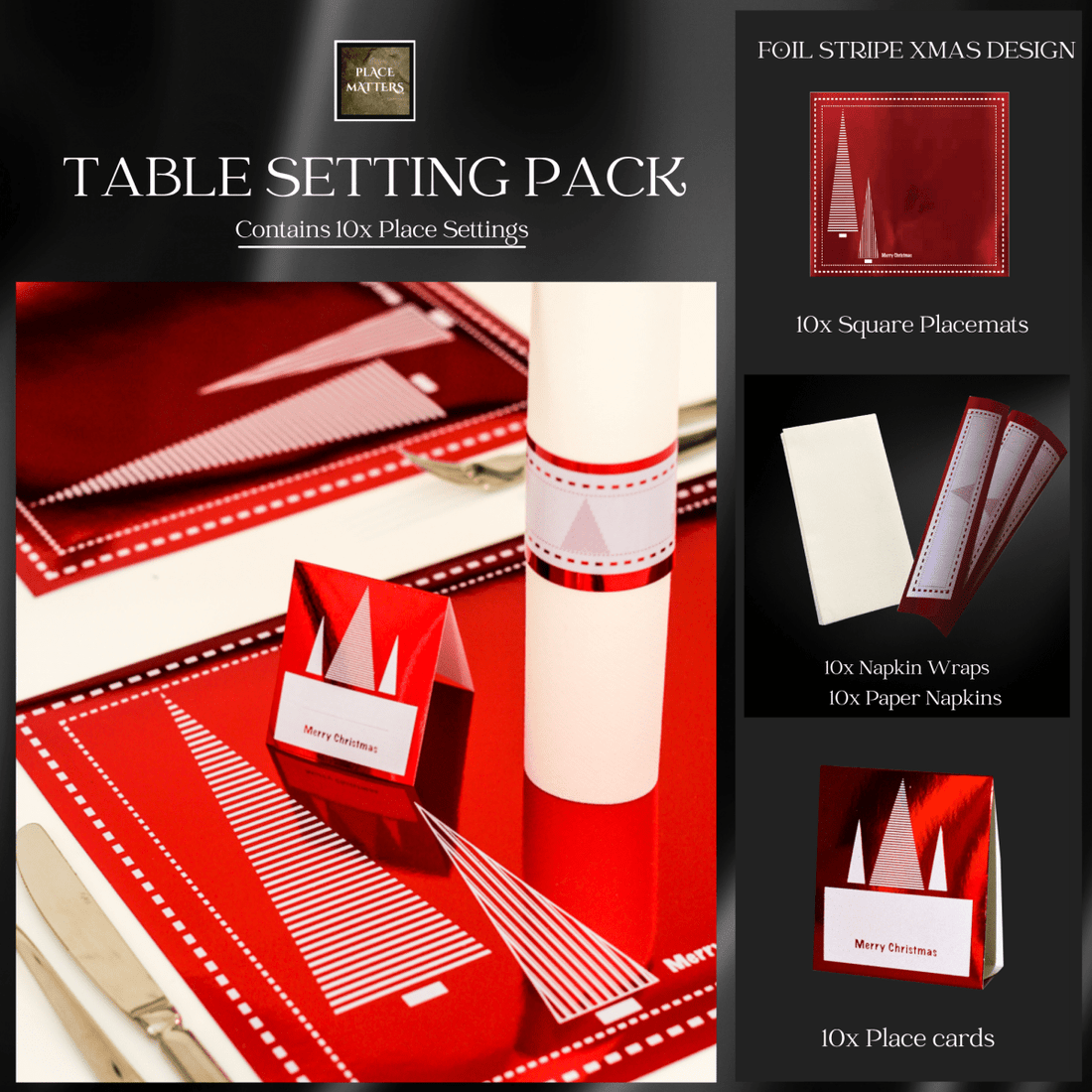 Red Table Setting Pack for 10 — Xmas Stripe Foil Red Square