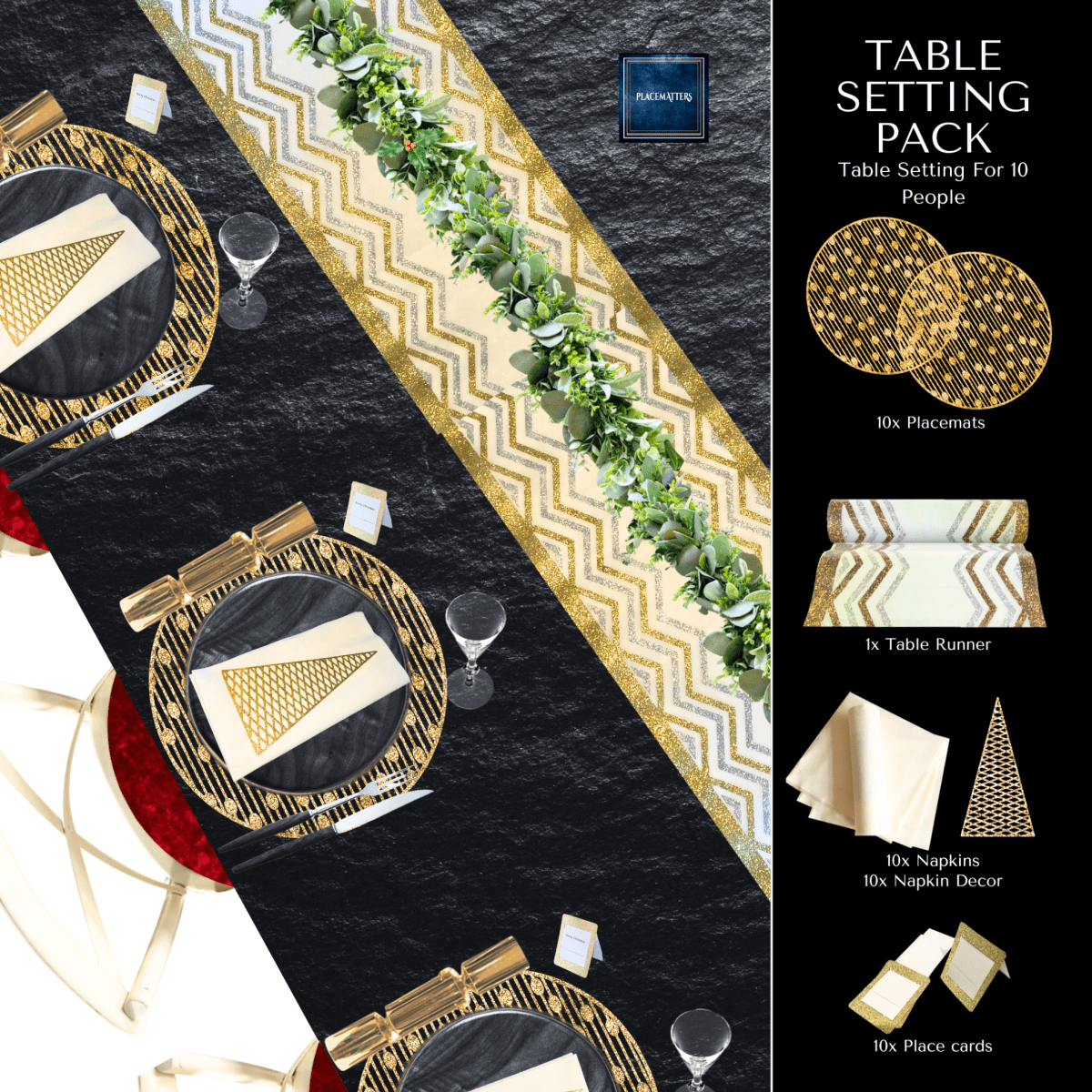 Gold Christmas Table Setting Pack for 10 — Droplets Round Runner - Place MattersChristmas Table Setting Packs