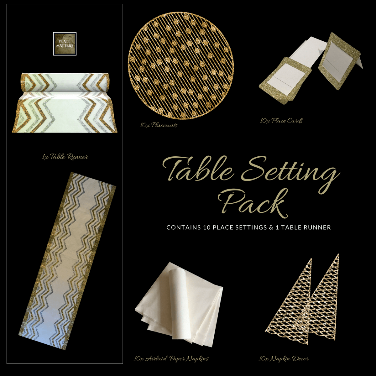 Gold Christmas Table Setting Pack for 10 — Droplets Round Runner - Place MattersChristmas Table Setting Packs